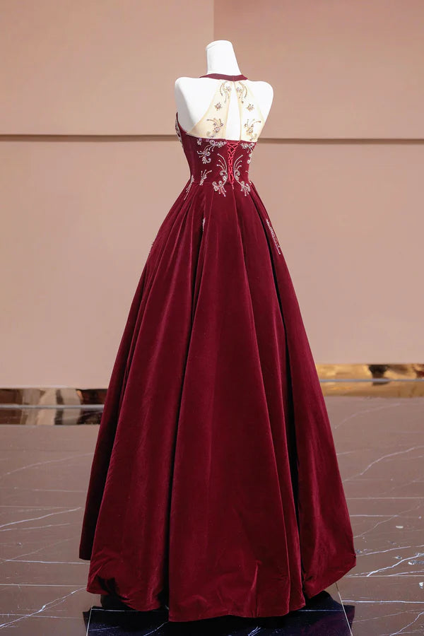 Burgundy Velvet Beaded Long Prom Dress Elegant A-Line Evening Party Dress