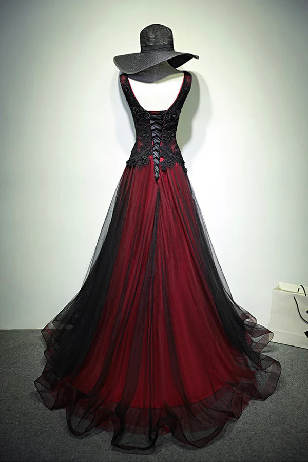 Black and Red V-Neck Tulle Long Prom Dress Lace Evening Dress