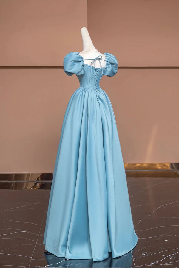 Blue Satin Long A-Line Prom Dress with Pearls Cute Short Sleeve Evening Dress