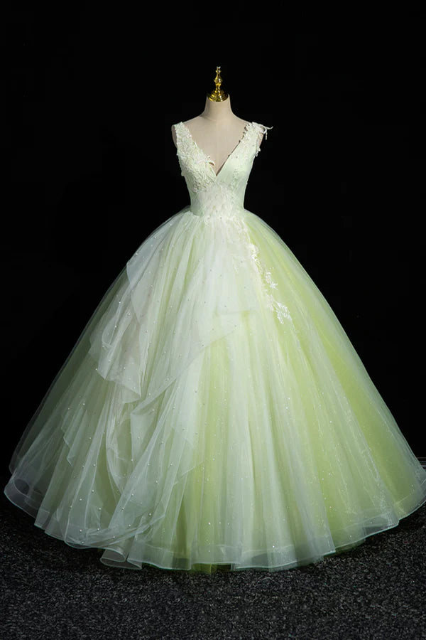 Charming Tulle Lace Green Prom Dresses V-Neck Sleeveless Floor-Length Formal Evening Dresses