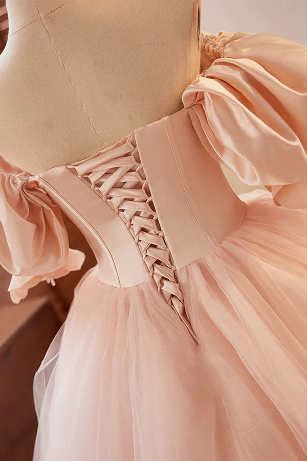 Beautiful Blushing Pink Beading Prom Dresses Off the Shoulder Puffy Short Sleeve Backless Floor-Length Party Dresses