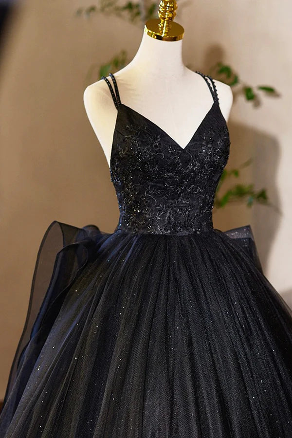 Black V-Neck Tulle Lace Prom Dress Gorgeous A-Line Evening Party Dress