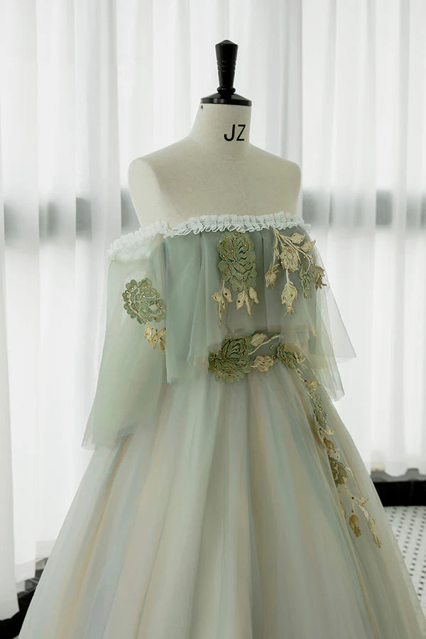Green Tulle Lace Long Prom Dress Off Shoulder Evening Formal Dress