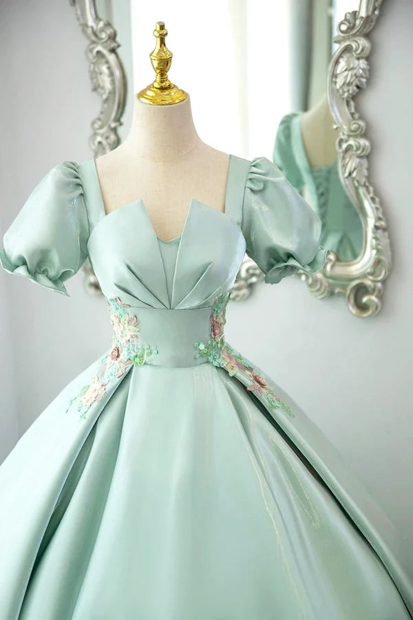 Green Satin Lace Long Prom Dress Beautiful A-Line Short Sleeve Evening Party Dress