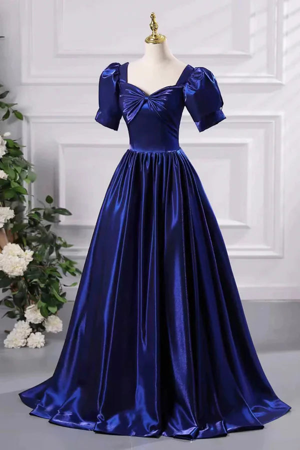 Blue Satin Floor Length Prom Dress A-Line Short Sleeve Backless Evening Party Dress
