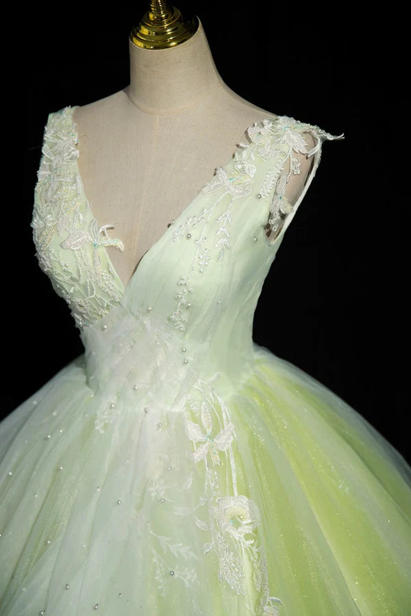 Charming Tulle Lace Green Prom Dresses V-Neck Sleeveless Floor-Length Formal Evening Dresses