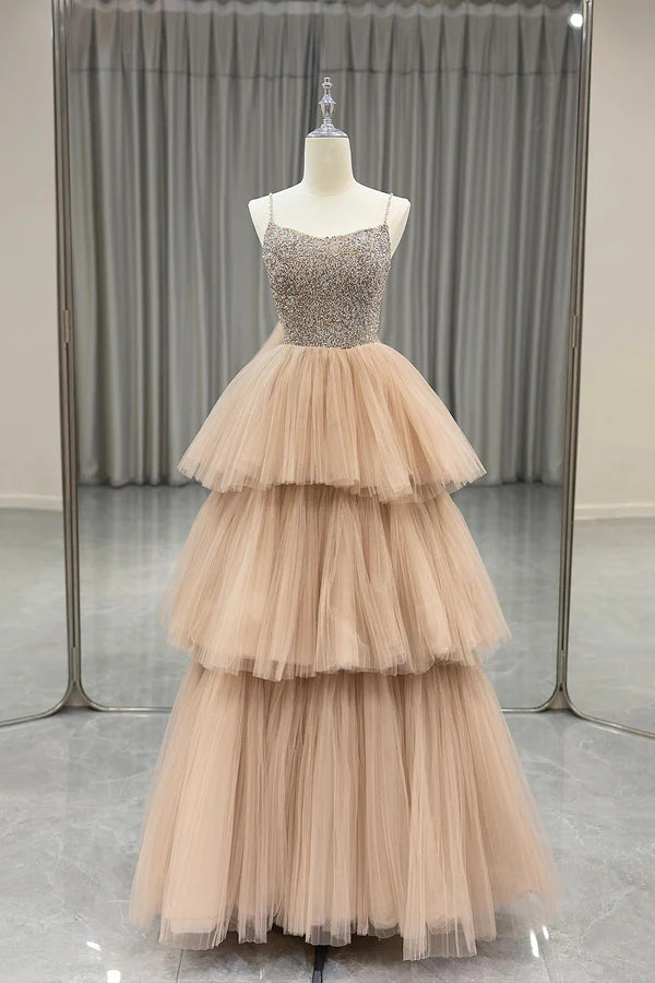 Champagne Tulle Layers Long A-Line Prom Dress Spaghetti Strap Beaded Evening Dress