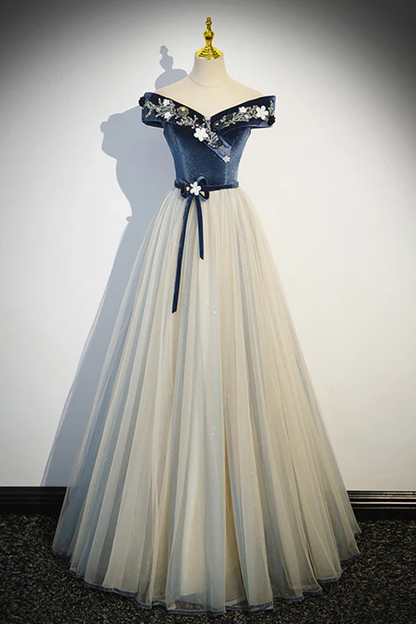 Blue Beading Appliques V-Neck Floor Length Prom Dress Off the Shoulder Princess A-Line Formal Dress