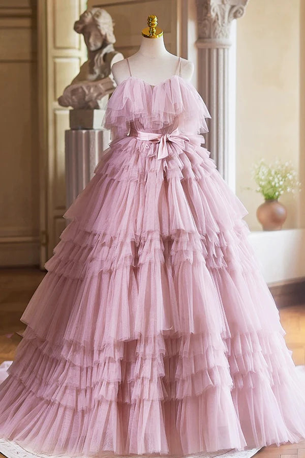 Ball Gown Pink Tulle Spaghetti Strap Long Prom Evening Dress Pink Sweet 16 Dress