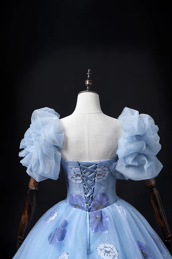 Beautiful Floral Tulle Long Prom Dress Blue Short Sleeve Evening Dress