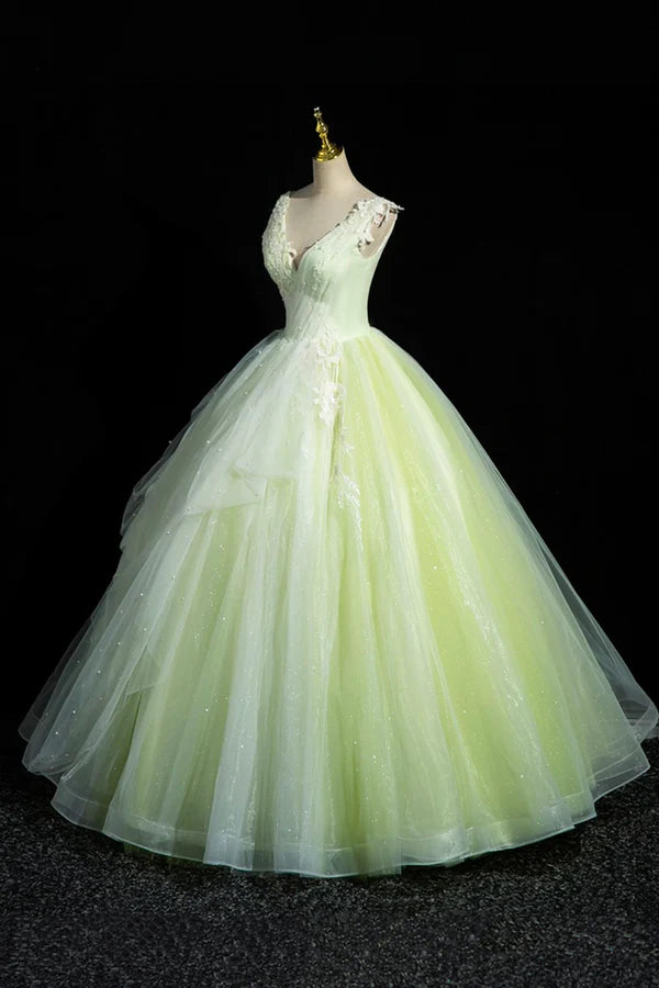 Charming Tulle Lace Green Prom Dresses V-Neck Sleeveless Floor-Length Formal Evening Dresses