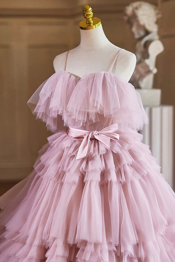 Ball Gown Pink Tulle Spaghetti Strap Long Prom Evening Dress Pink Sweet 16 Dress