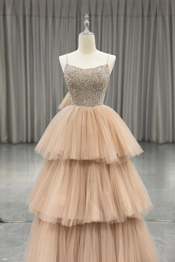 Champagne Tulle Layers Long A-Line Prom Dress Spaghetti Strap Beaded Evening Dress