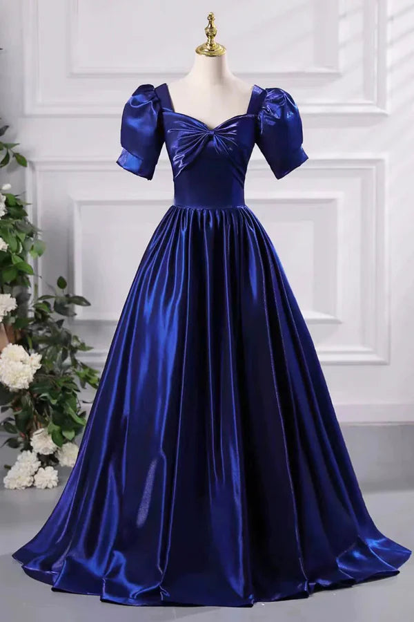 Blue Satin Floor Length Prom Dress A-Line Short Sleeve Backless Evening Party Dress