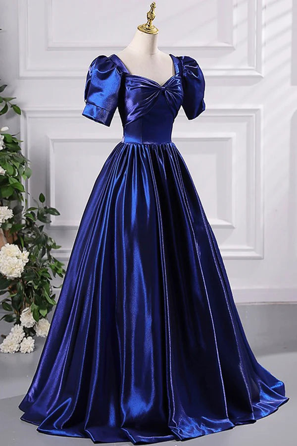 Blue Satin Floor Length Prom Dress A-Line Short Sleeve Backless Evening Party Dress