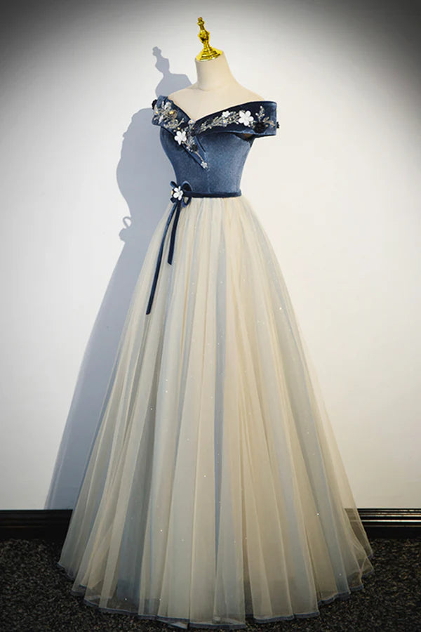 Blue Beading Appliques V-Neck Floor Length Prom Dress Off the Shoulder Princess A-Line Formal Dress