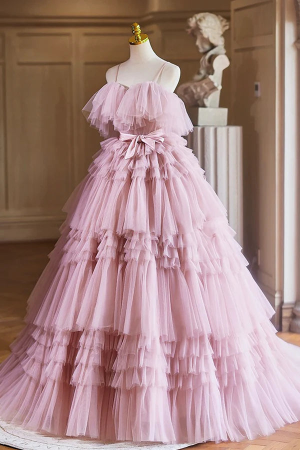 Ball Gown Pink Tulle Spaghetti Strap Long Prom Evening Dress Pink Sweet 16 Dress