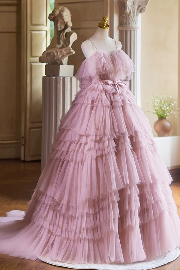 Ball Gown Pink Tulle Spaghetti Strap Long Prom Evening Dress Pink Sweet 16 Dress