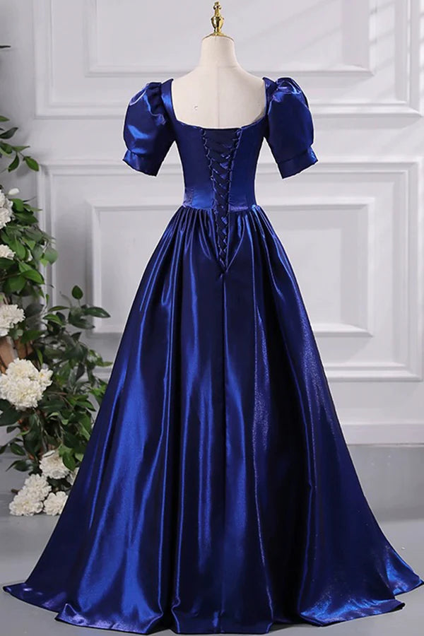 Blue Satin Floor Length Prom Dress A-Line Short Sleeve Backless Evening Party Dress