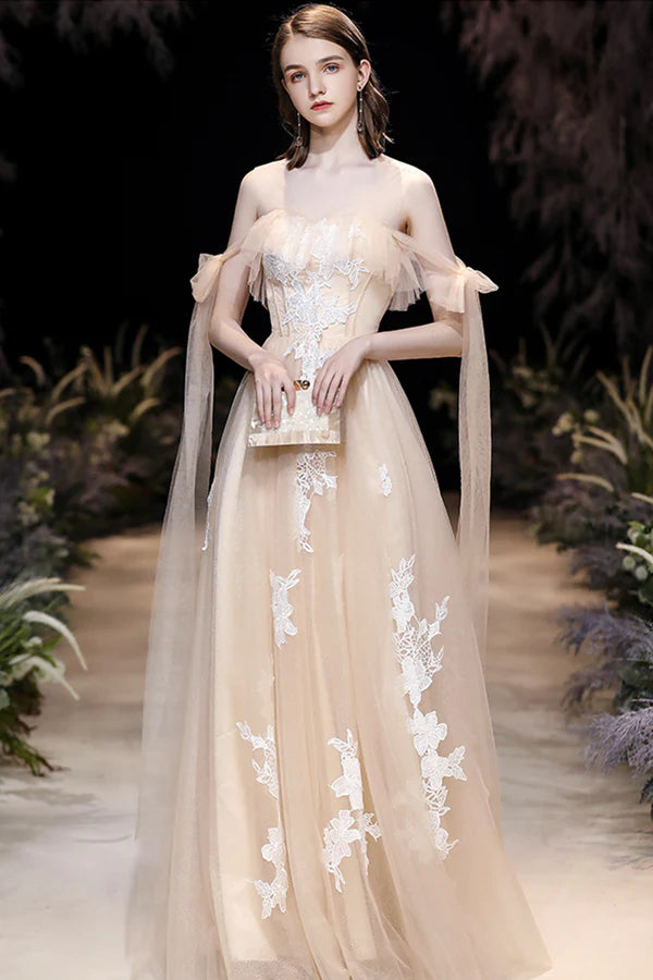 Champagne Tulle Lace Long Prom Dress Cute A-Line Evening Dress