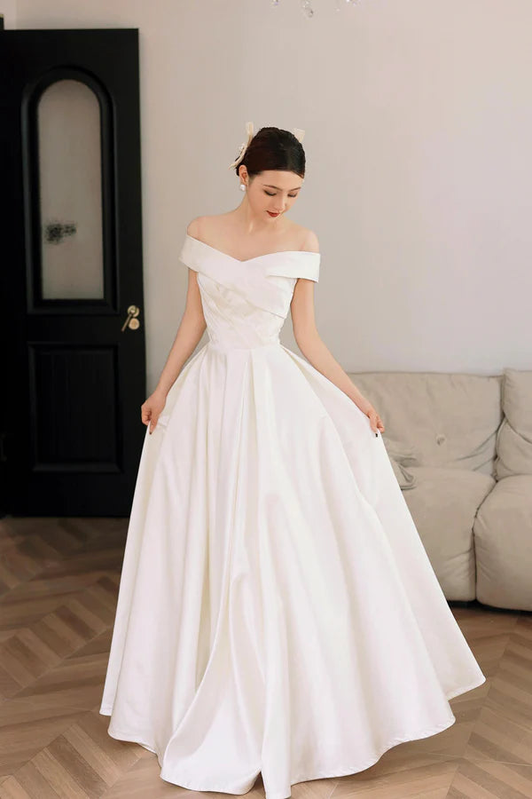 White Satin Off the Shoulder Prom Dress A-Line Floor Length Evening Party Dress