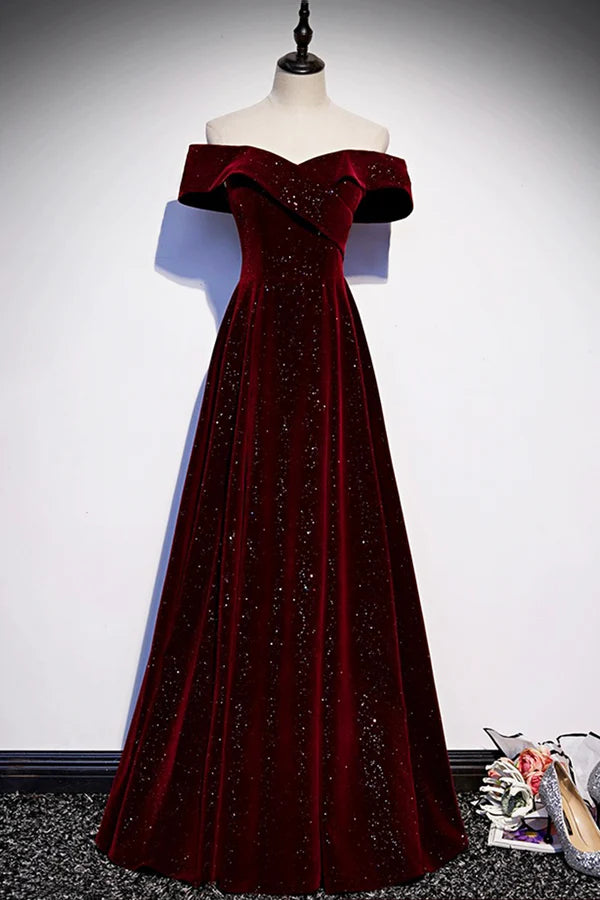 Burgundy Velvet Long Prom Dress Off the Shoulder Evening Party Dress