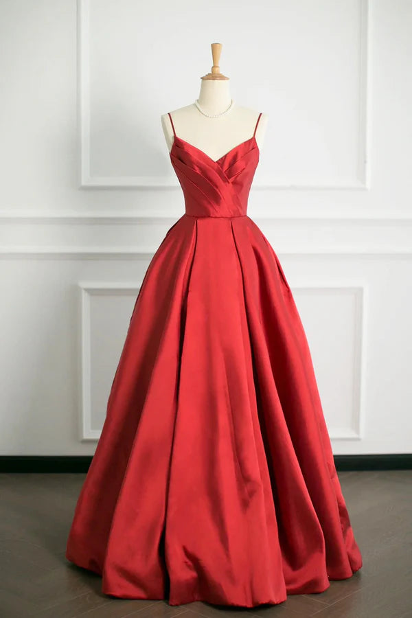 Red V-Neck Satin Long A-Line Prom Dress Simple A-Line Backless Evening Party Dress
