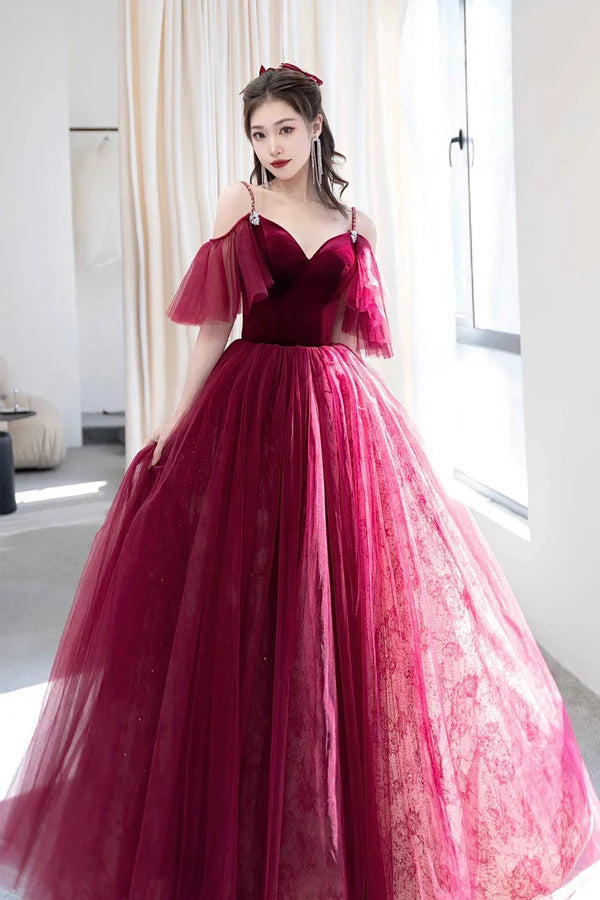 Burgundy V-Neck Velvet and Tulle Long Prom Dress A-Line Spaghetti Strap Formal Evening Dress