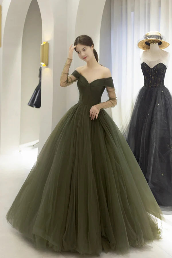 Green Tulle Floor Length Prom Dress A-Line Long Sleeve Evening Party Dress