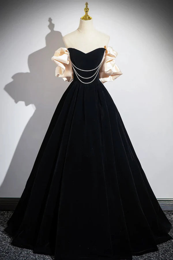Black Velvet Long A-Line Prom Dress Off the Shoulder Evening Party Dress