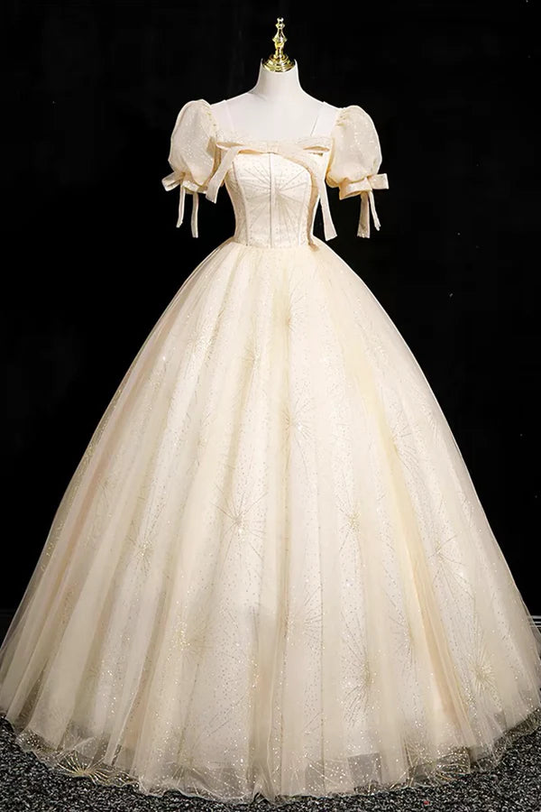 Champagne Tulle Short Sleeve Floor Length Prom Dress Beautiful A-Line Evening Party Dress