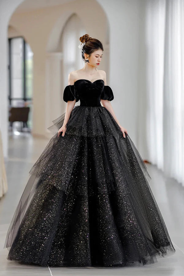 Black Velvet and Tulle Long Formal Dress Black A-Line Sweetheart Neck Evening Party Dress