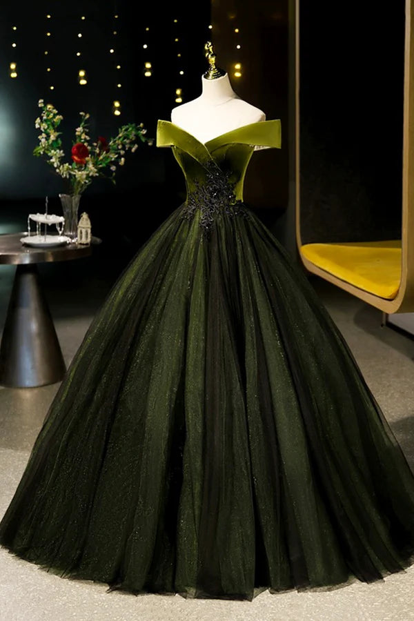 Green Velvet and Tulle Floor Length Prom Dress Off the Shoulder Evening Party Dress