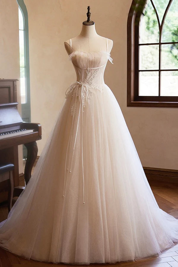 Champagne Tulle Lace Long Prom Dress A-Line Spaghetti Straps Backless Evening Dress