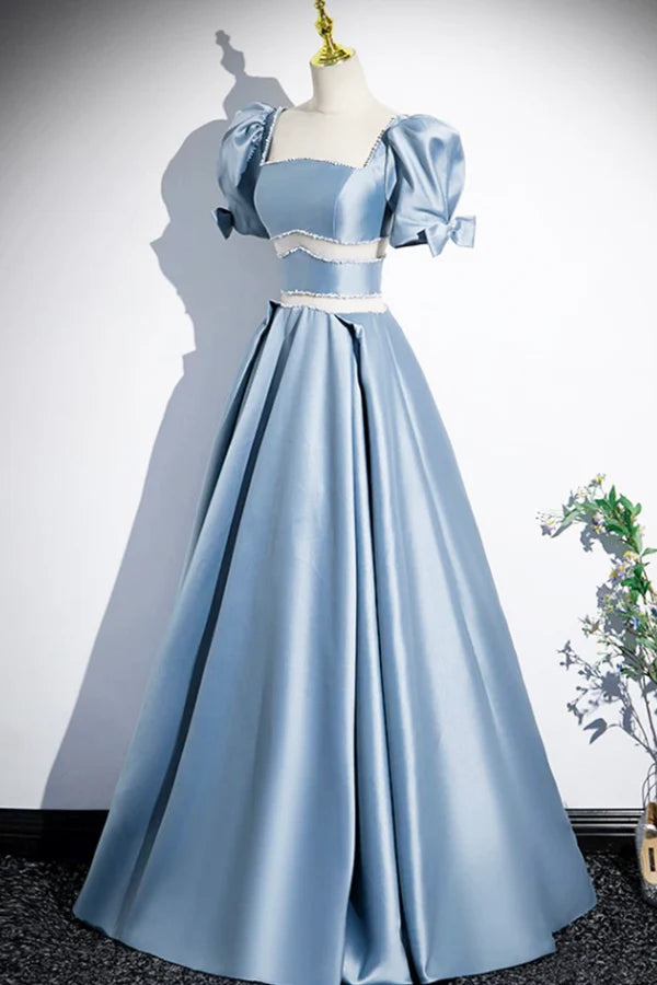 Unique Blue Satin Long Prom Dress A-Line Short Sleeve Blue Evening Dress