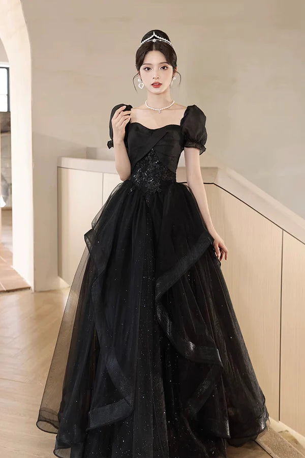 Black Tulle Lace Short Sleeve Floor Length Prom Dress Black A-Line Evening Party Dress