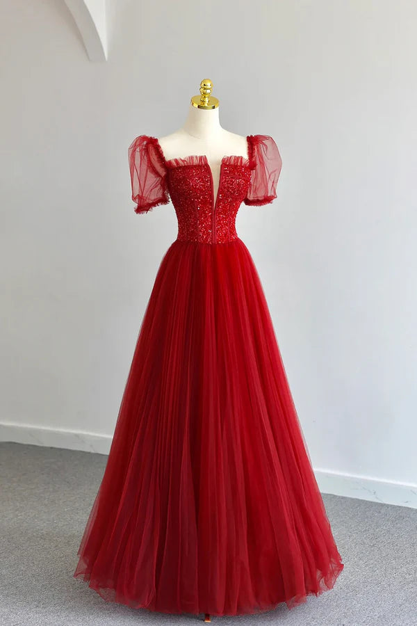 Dark Red Tulle Floor Length Formal Dress Beautiful A-Line Short Sleeve Evening Dress with Beaded
