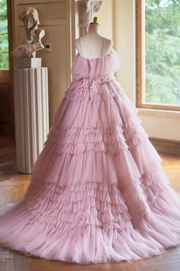 Ball Gown Pink Tulle Spaghetti Strap Long Prom Evening Dress Pink Sweet 16 Dress