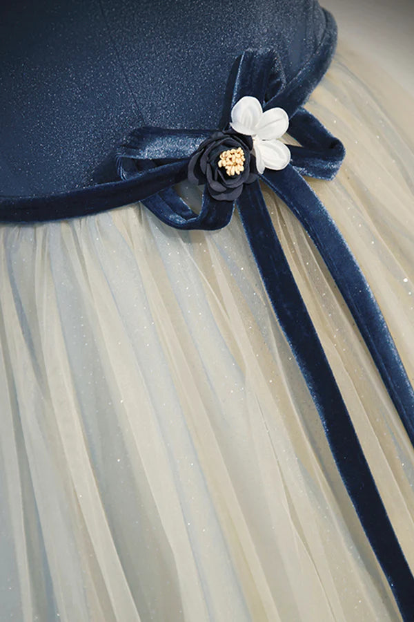 Blue Beading Appliques V-Neck Floor Length Prom Dress Off the Shoulder Princess A-Line Formal Dress