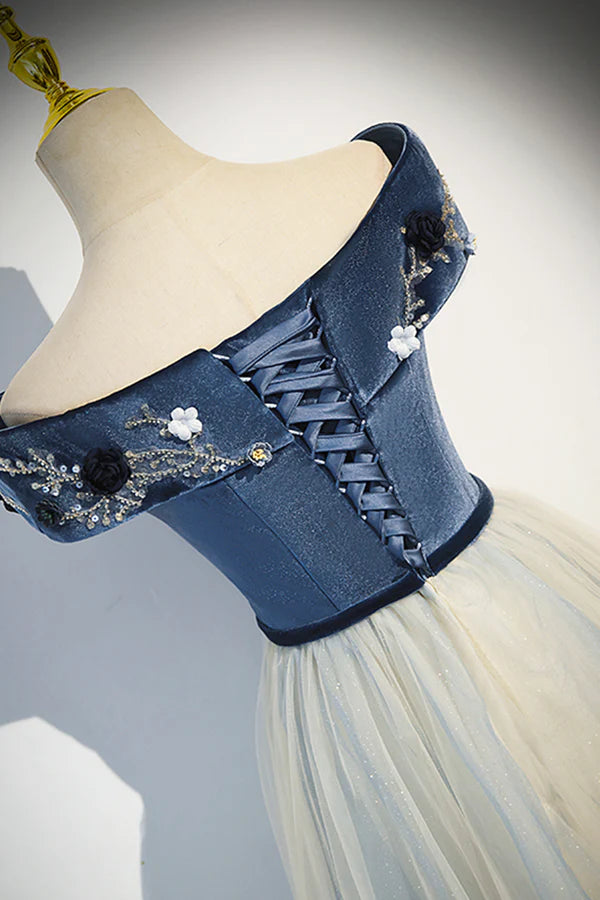 Blue Beading Appliques V-Neck Floor Length Prom Dress Off the Shoulder Princess A-Line Formal Dress