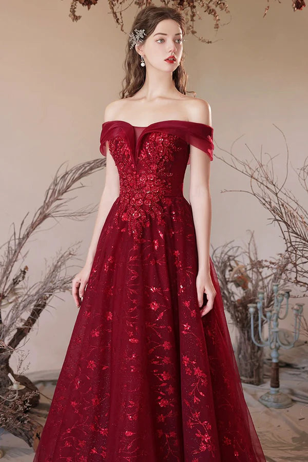 Burgundy Tulle Sequins Long A-Line Prom Dress Off the Shoulder Evening Party Dress