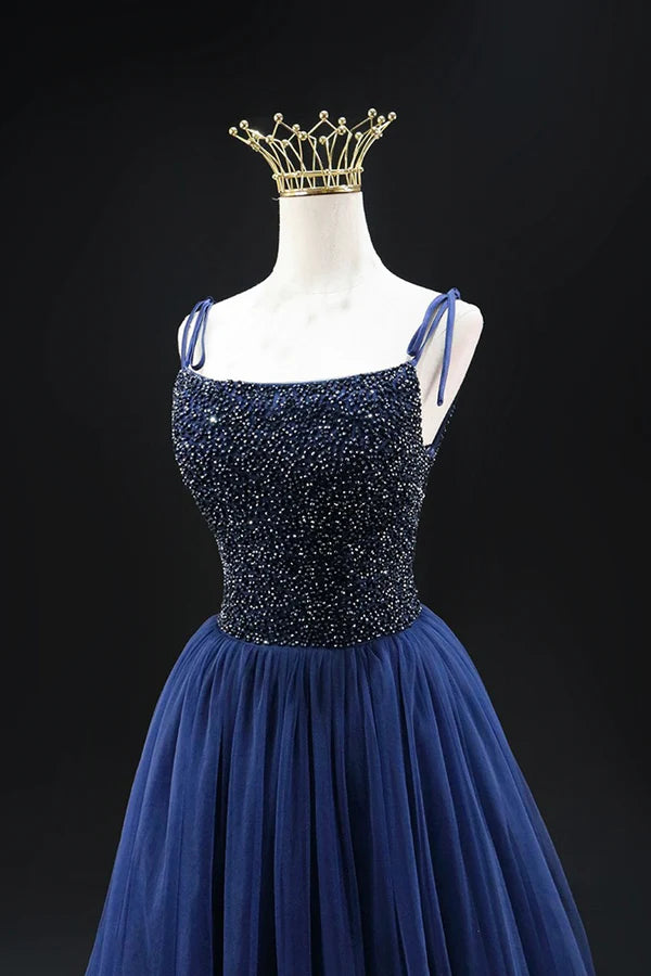 Navy Blue Tulle Beads Long A-Line Prom Dress Elegant Spaghetti Strap Backless Evening Dress