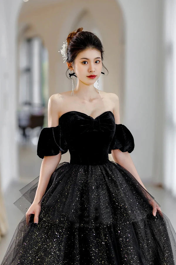 Black Velvet and Tulle Long Formal Dress Black A-Line Sweetheart Neck Evening Party Dress