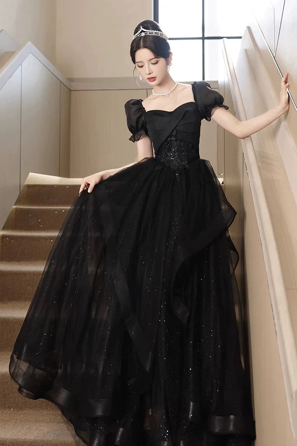 Black Tulle Lace Short Sleeve Floor Length Prom Dress Black A-Line Evening Party Dress