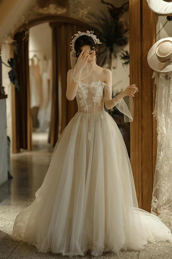 Light Champagne Tulle Lace Long Prom Dress A-Line Strapless Evening Party Dress