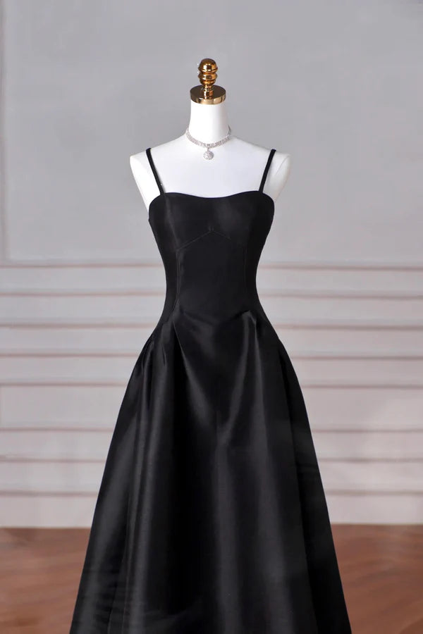 Black Spaghetti Strap Satin Long Prom Dress A-Line Backless Evening Party Dress