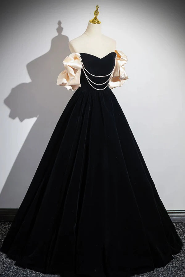 Black Velvet Long A-Line Prom Dress Off the Shoulder Evening Party Dress