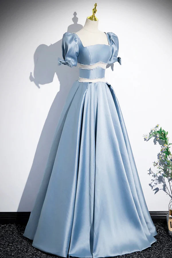 Unique Blue Satin Long Prom Dress A-Line Short Sleeve Blue Evening Dress