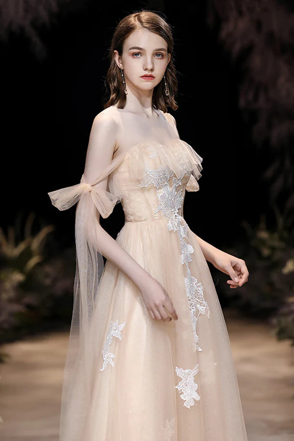 Champagne Tulle Lace Long Prom Dress Cute A-Line Evening Dress