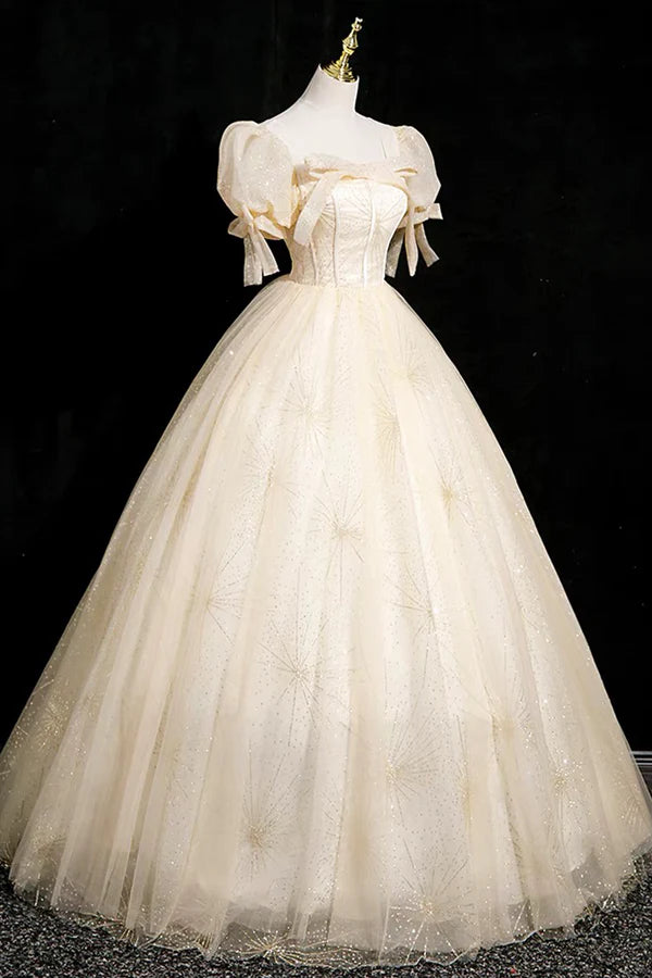 Champagne Tulle Short Sleeve Floor Length Prom Dress Beautiful A-Line Evening Party Dress